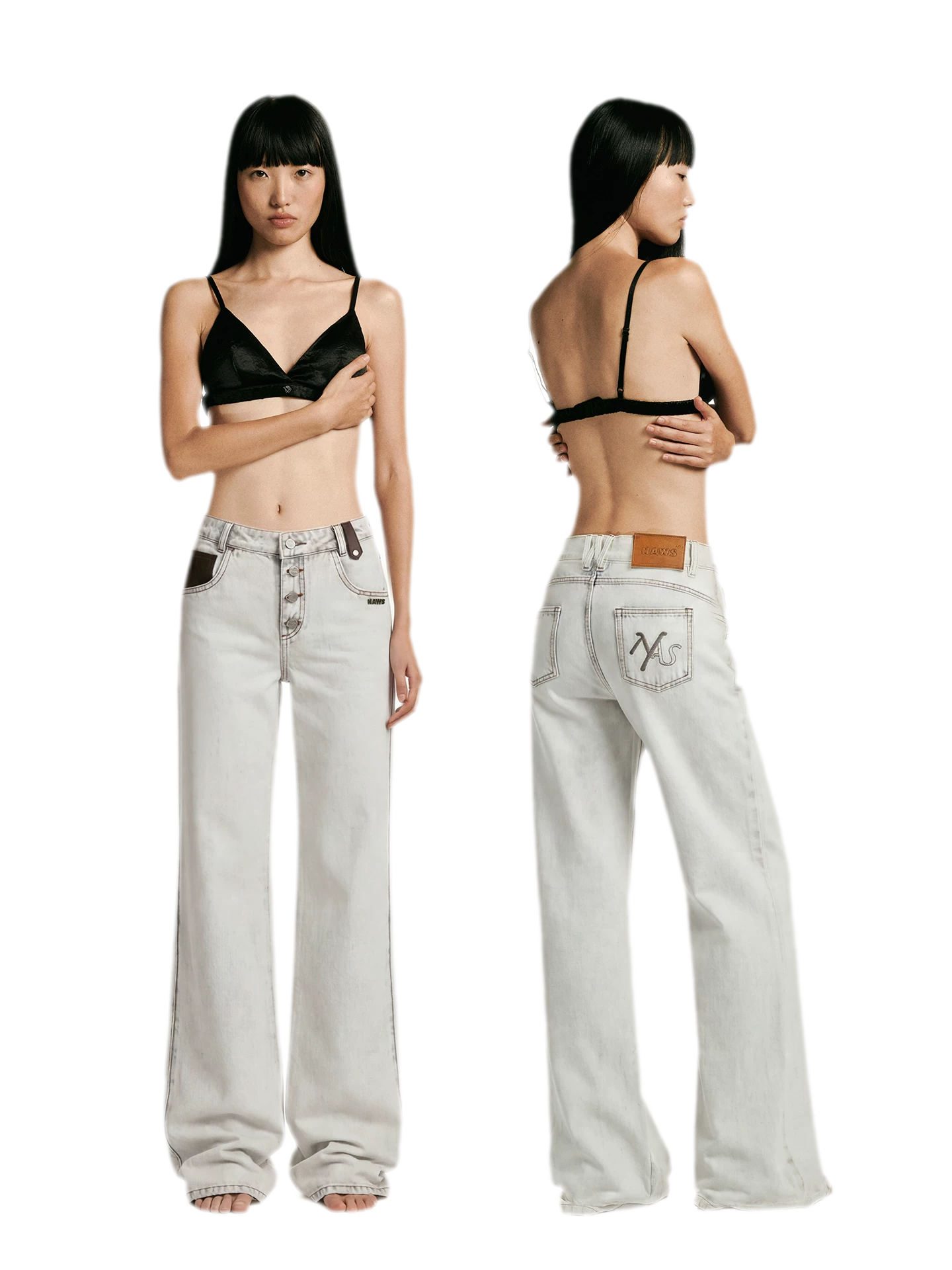 Washed Contrast Straight Jeans
