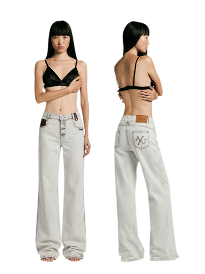 Washed Contrast Straight Jeans