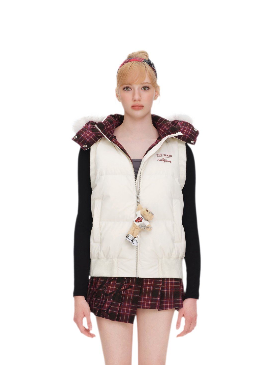 Gilet trapuntato imbottito in piuma con colletto effetto pelliccia