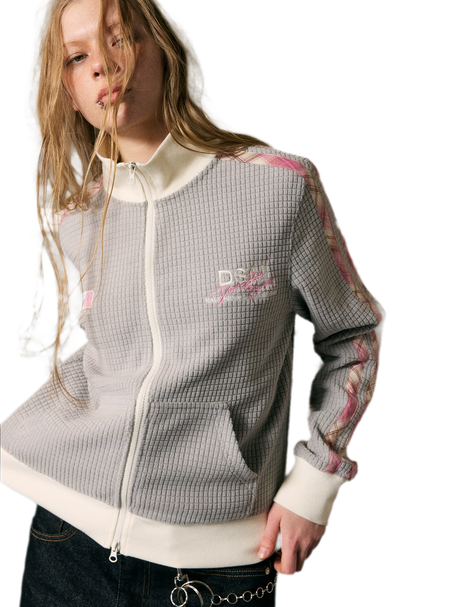 Waffle Knit Colorblock Zip-Up Cardigan
