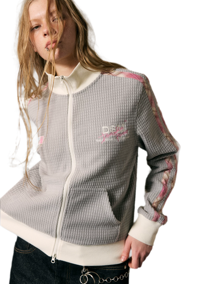 Waffle Knit Colorblock Zip-Up Cardigan