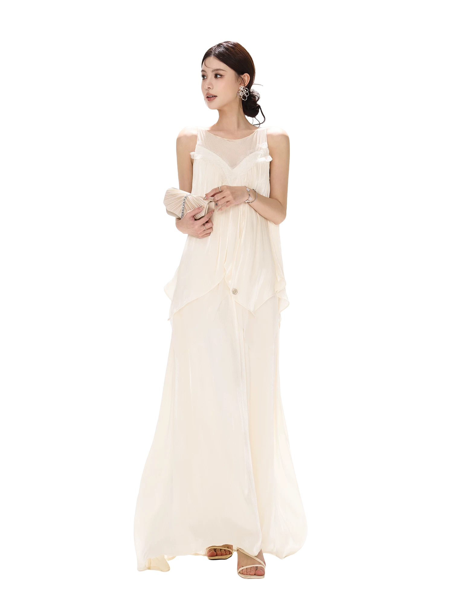 Sleeveless Mesh Spliced Ruffle Long Dress