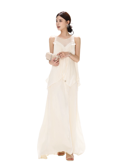 Sleeveless Mesh Spliced Ruffle Long Dress