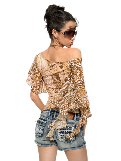 Leopard &amp; Snake Print Asymmetric Ruffle Top