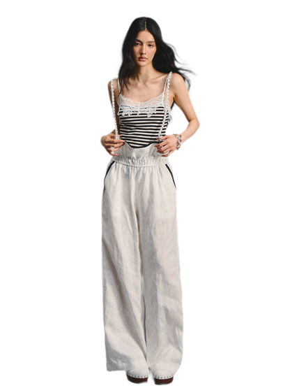 Tencel Linen Contrast Satin Trim Wide-Leg Pants