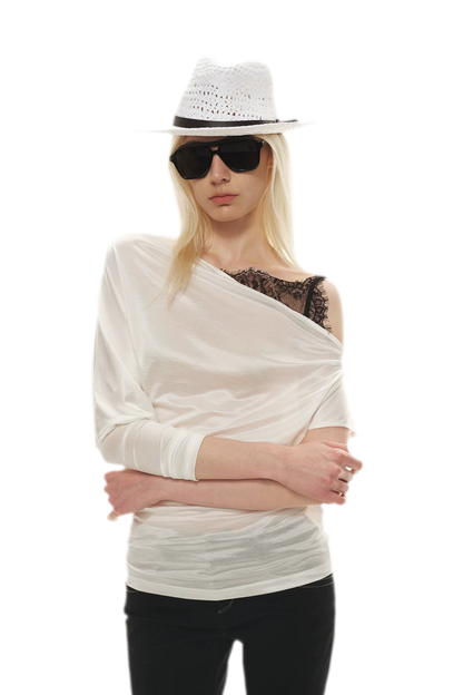Silky Satin Texture Asymmetric Off-Shoulder Lace Trim T-Shirt