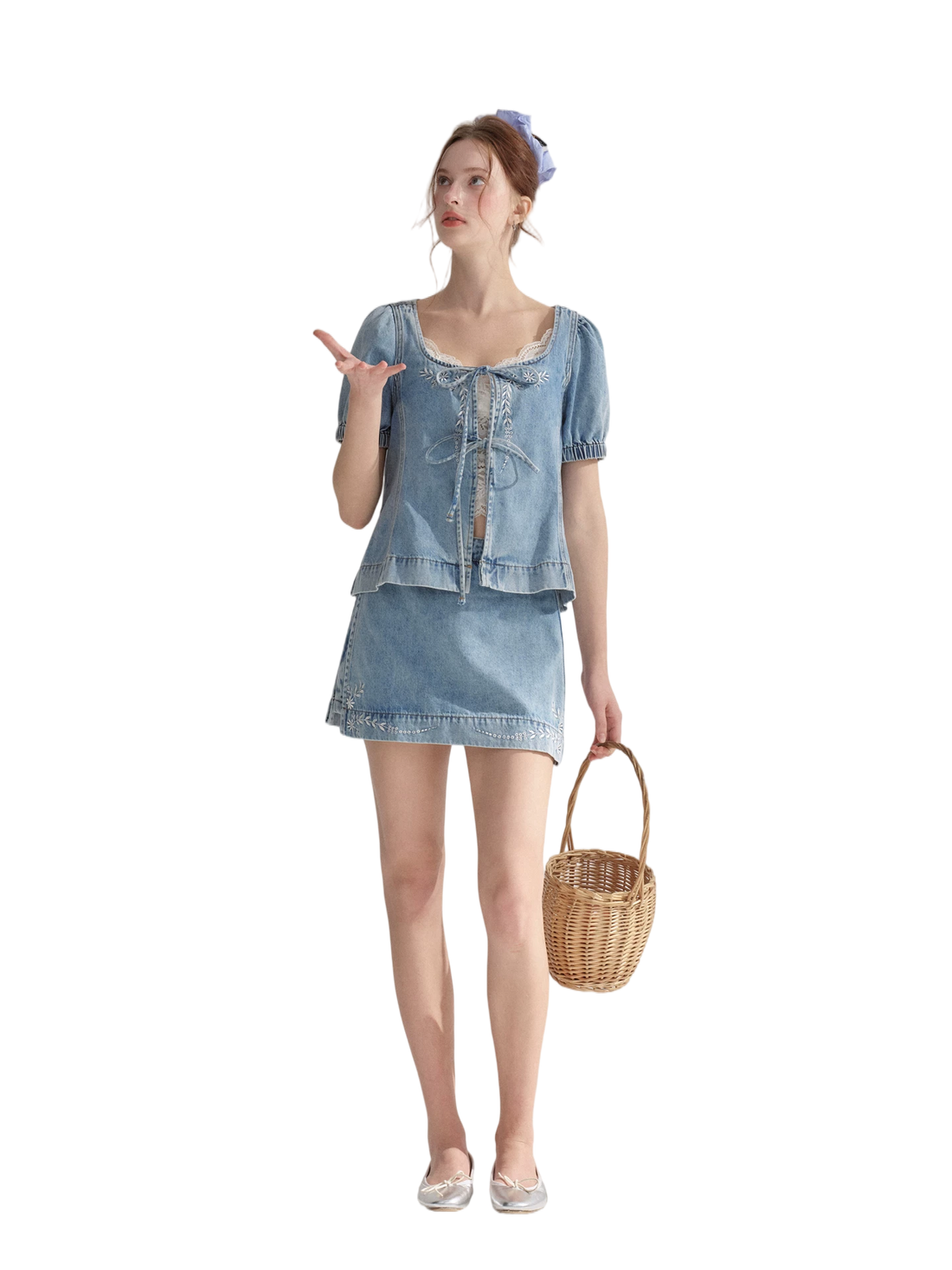 Floral Embroidered Tie Denim Top &amp; Skort Set