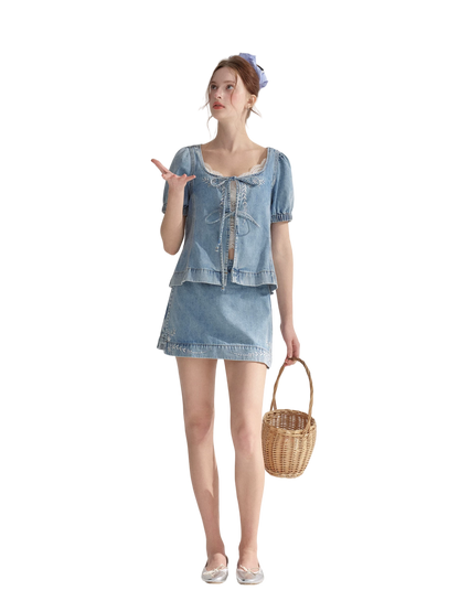 Floral Embroidered Tie Denim Top &amp; Skort Set