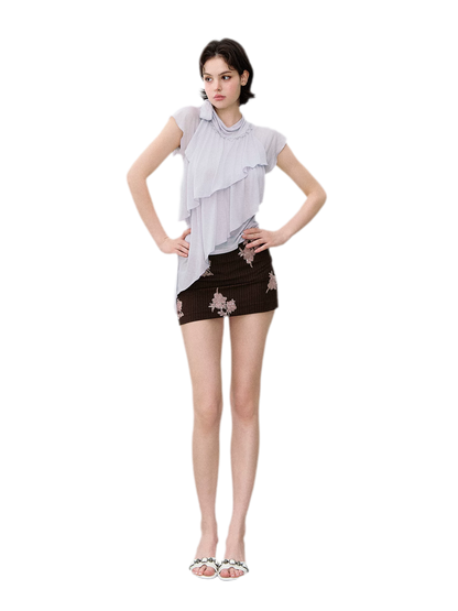 Ruffle Tie-Neck Tencel Short Sleeve Top