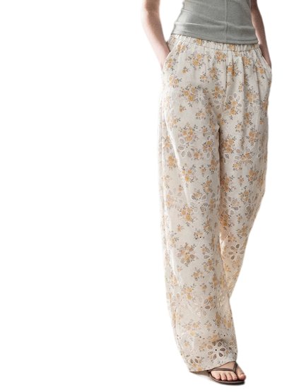 Laser-Cut Floral Wide-Leg Pants