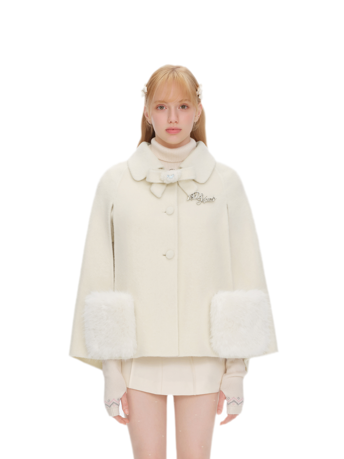 Cappotto mantella in peluche con fiocco