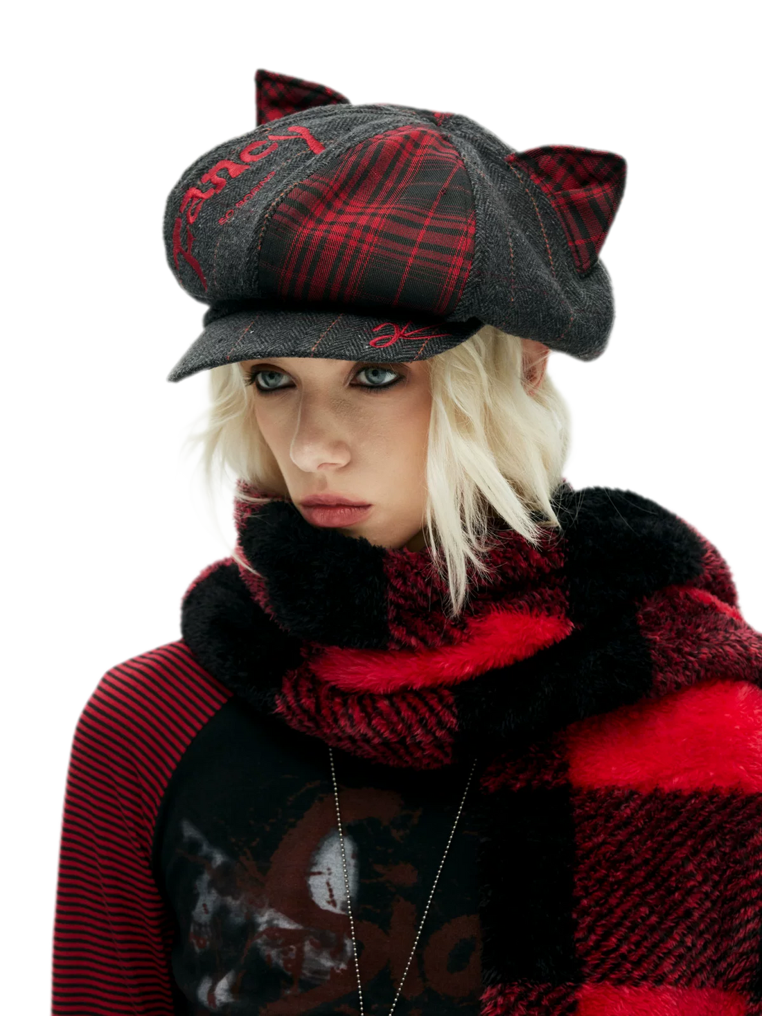 Embroidered Cat-Ear Plaid Newsboy Hat