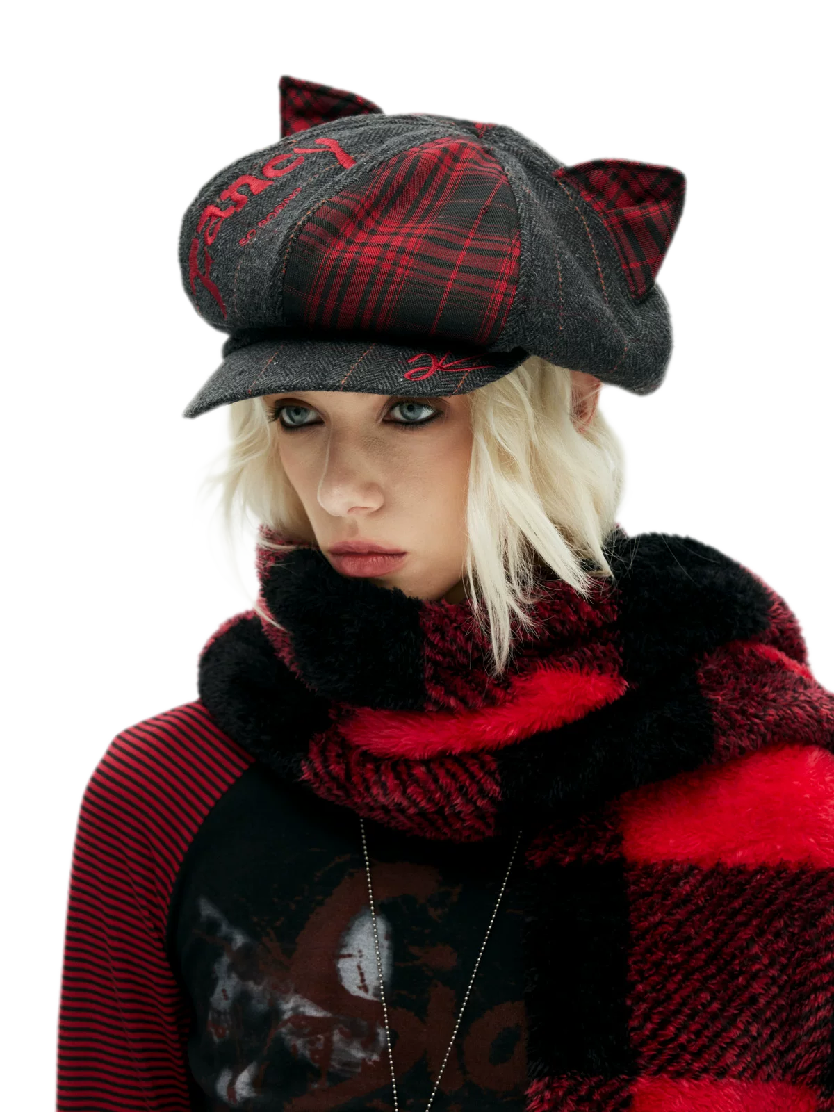 Embroidered Cat-Ear Plaid Newsboy Hat