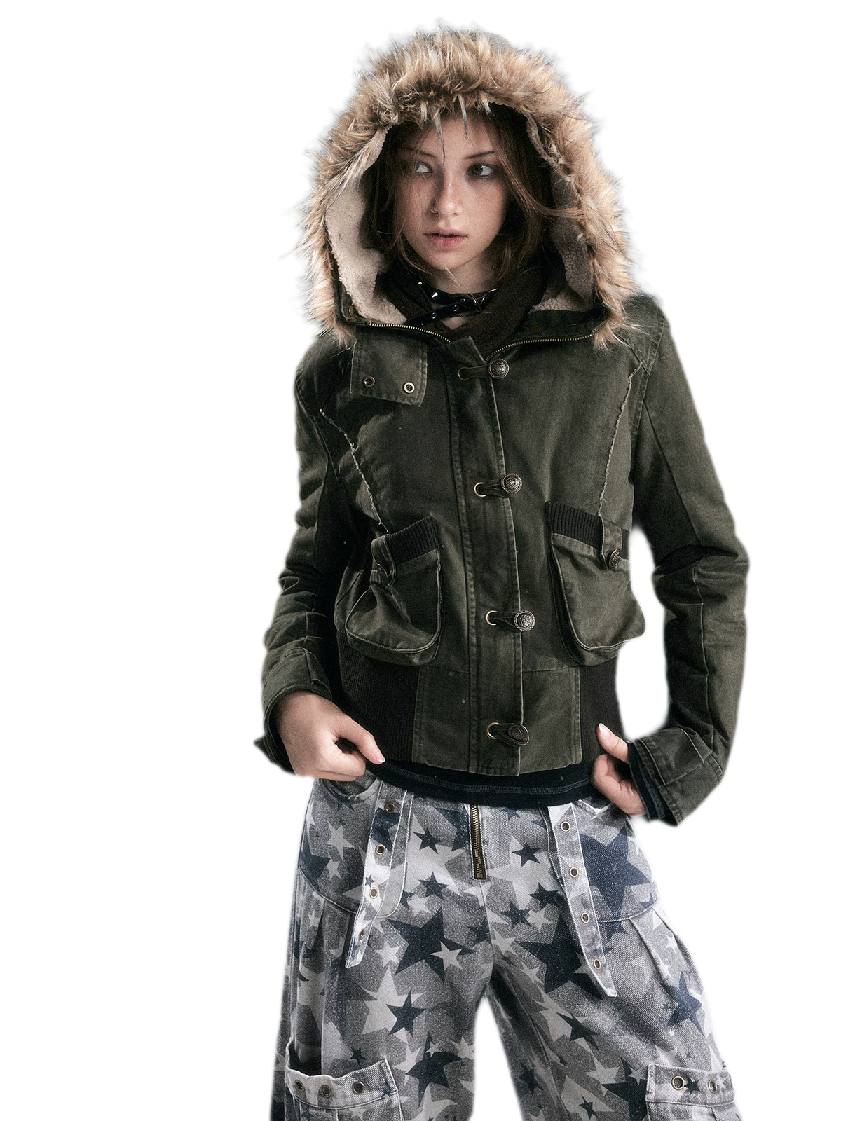 Washed Quilted Fur-Trim Hooded Jacket