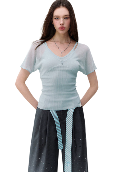 Layered Ribbed V-Neck Tee