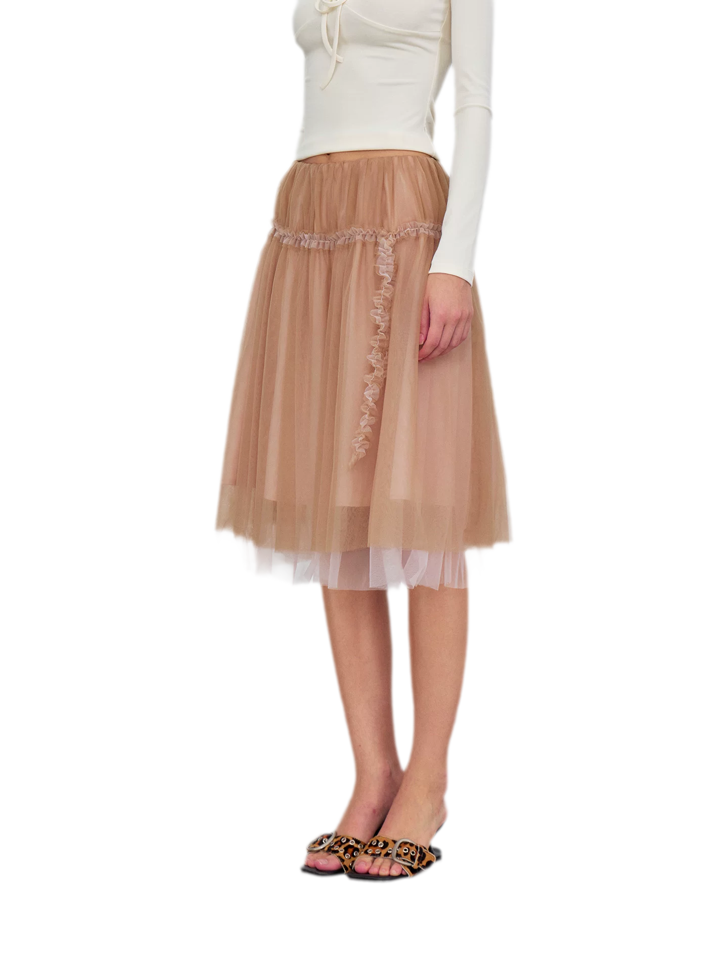 Layered Mesh Ruffle Midi Skirt