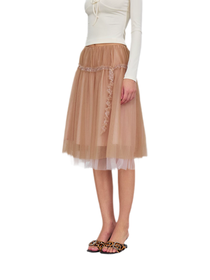 Layered Mesh Ruffle Midi Skirt