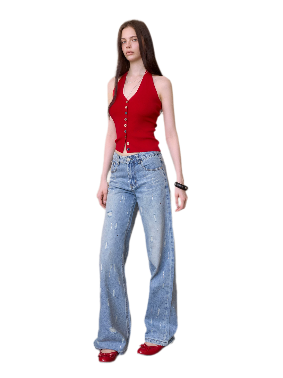 NEVERMORE Rhinestone Distressed Denim Pants – view 2