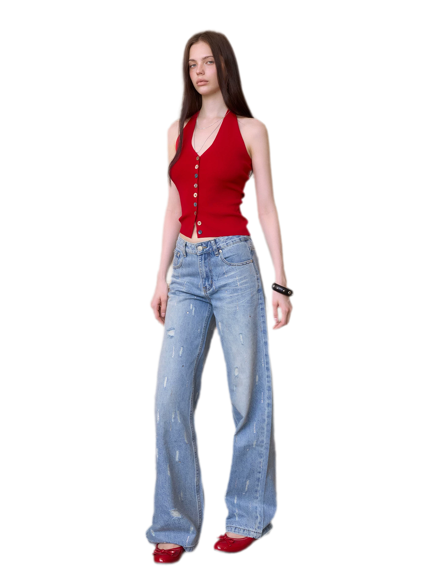 Rhinestone Distressed Denim Pants