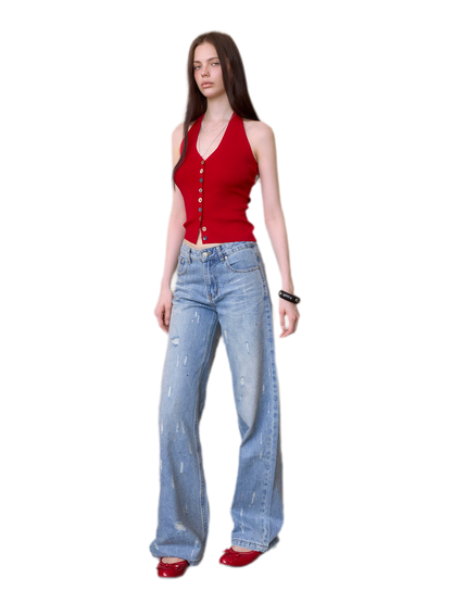 Rhinestone Distressed Denim Pants
