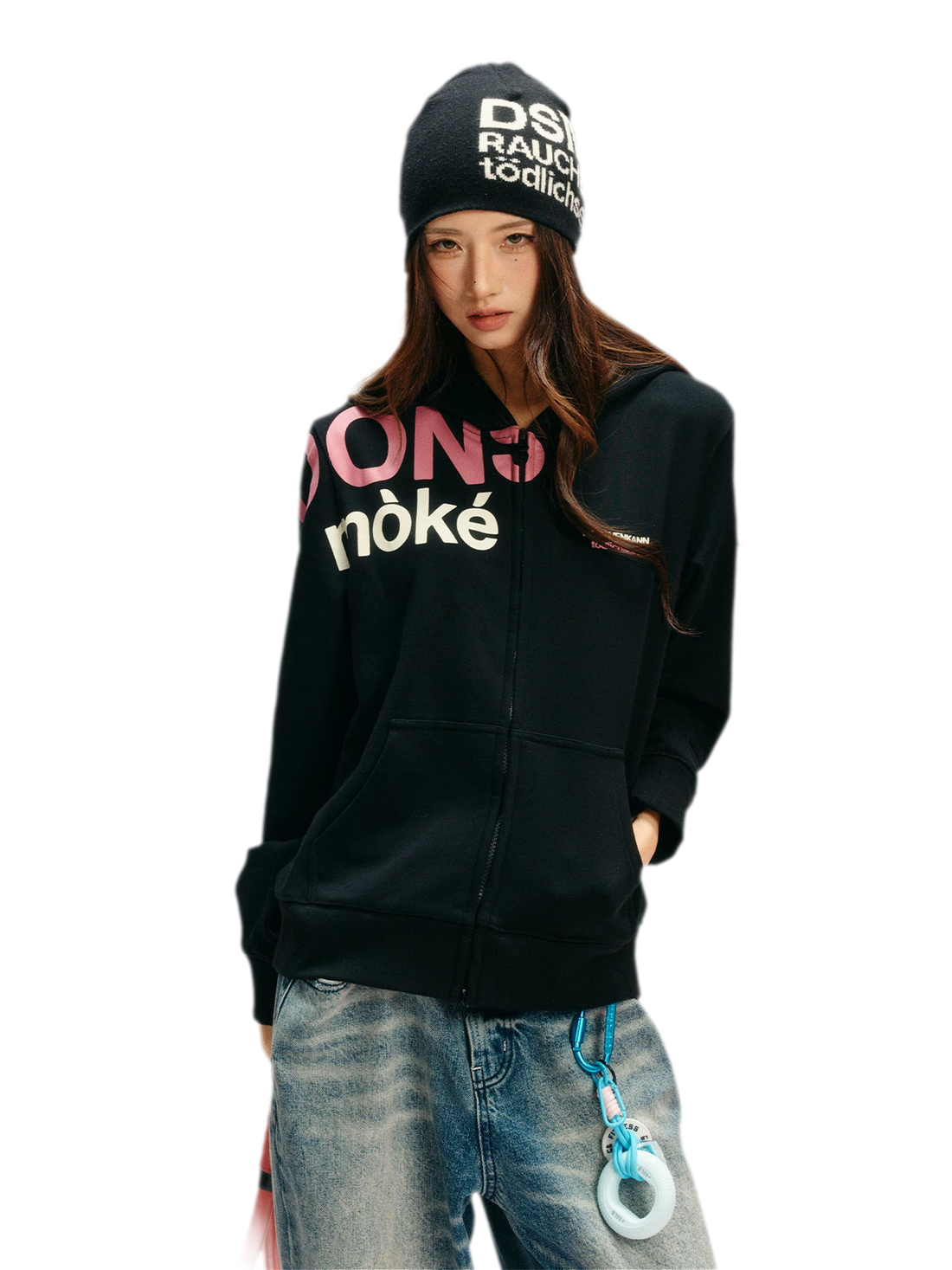 Contrast Slogan Zip Hoodie