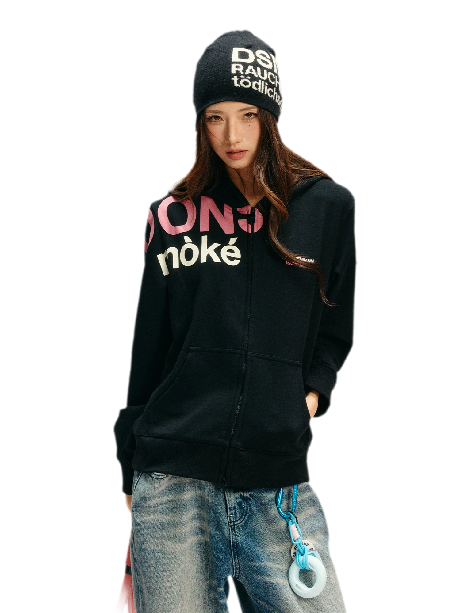 Contrast Slogan Zip Hoodie