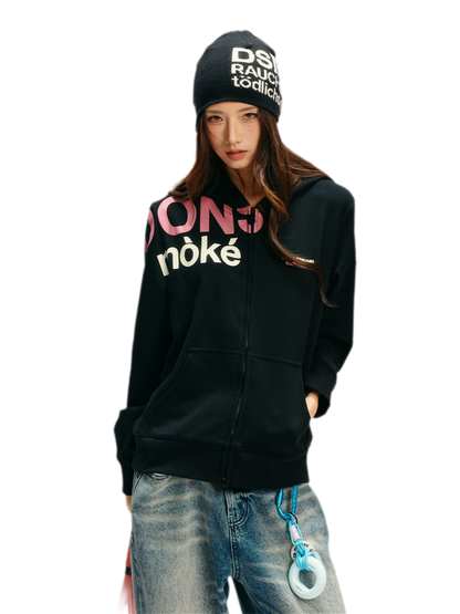 Contrast Slogan Zip Hoodie