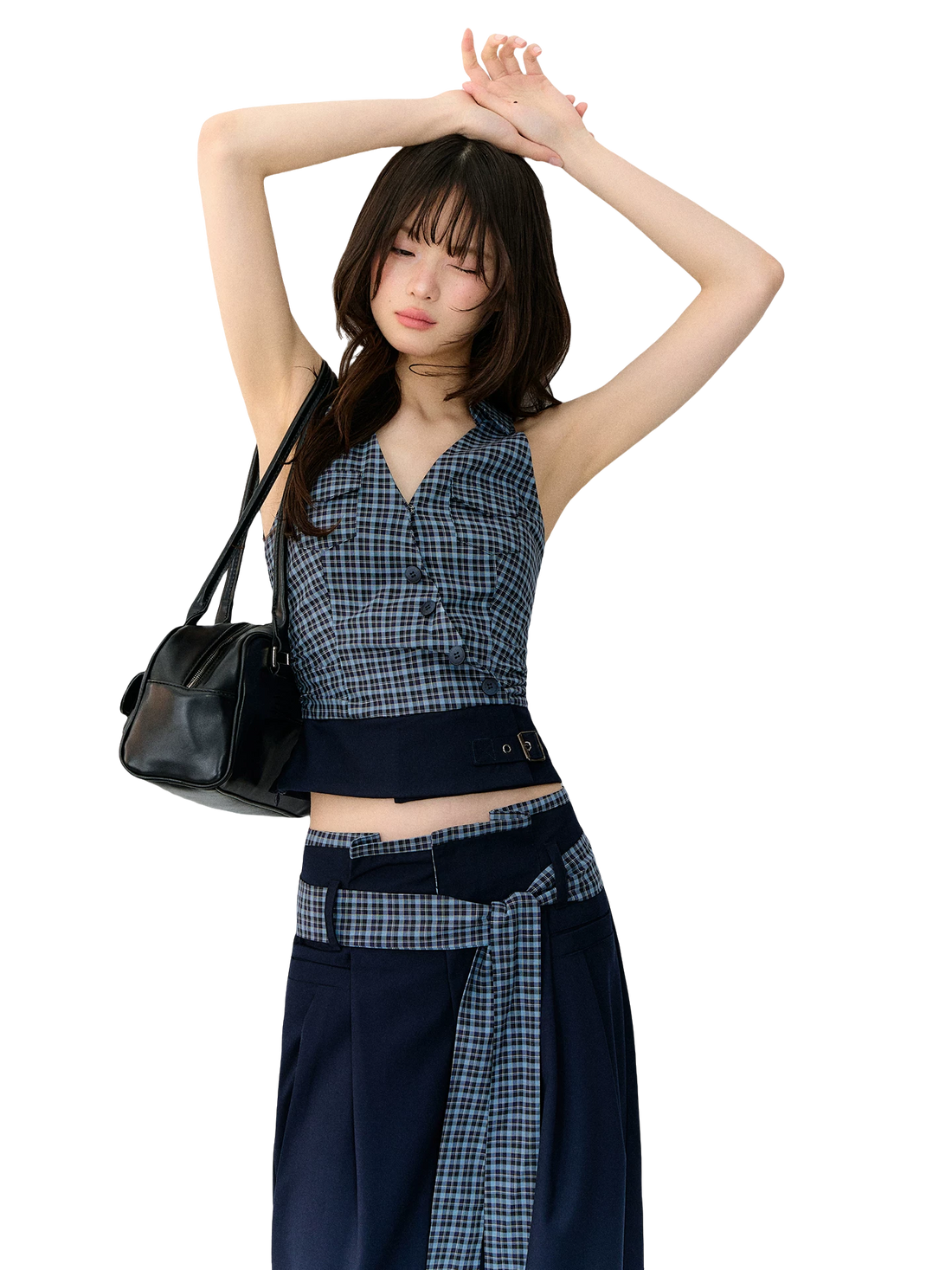 Navy Blue Plaid Two-Piece Set