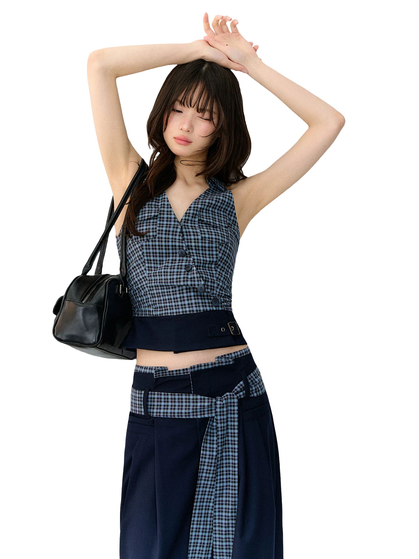 Navy Blue Plaid Two-Piece Set