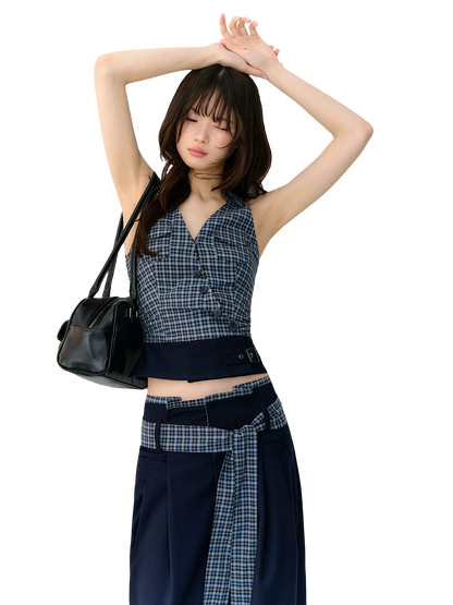 Navy Blue Plaid Two-Piece Set