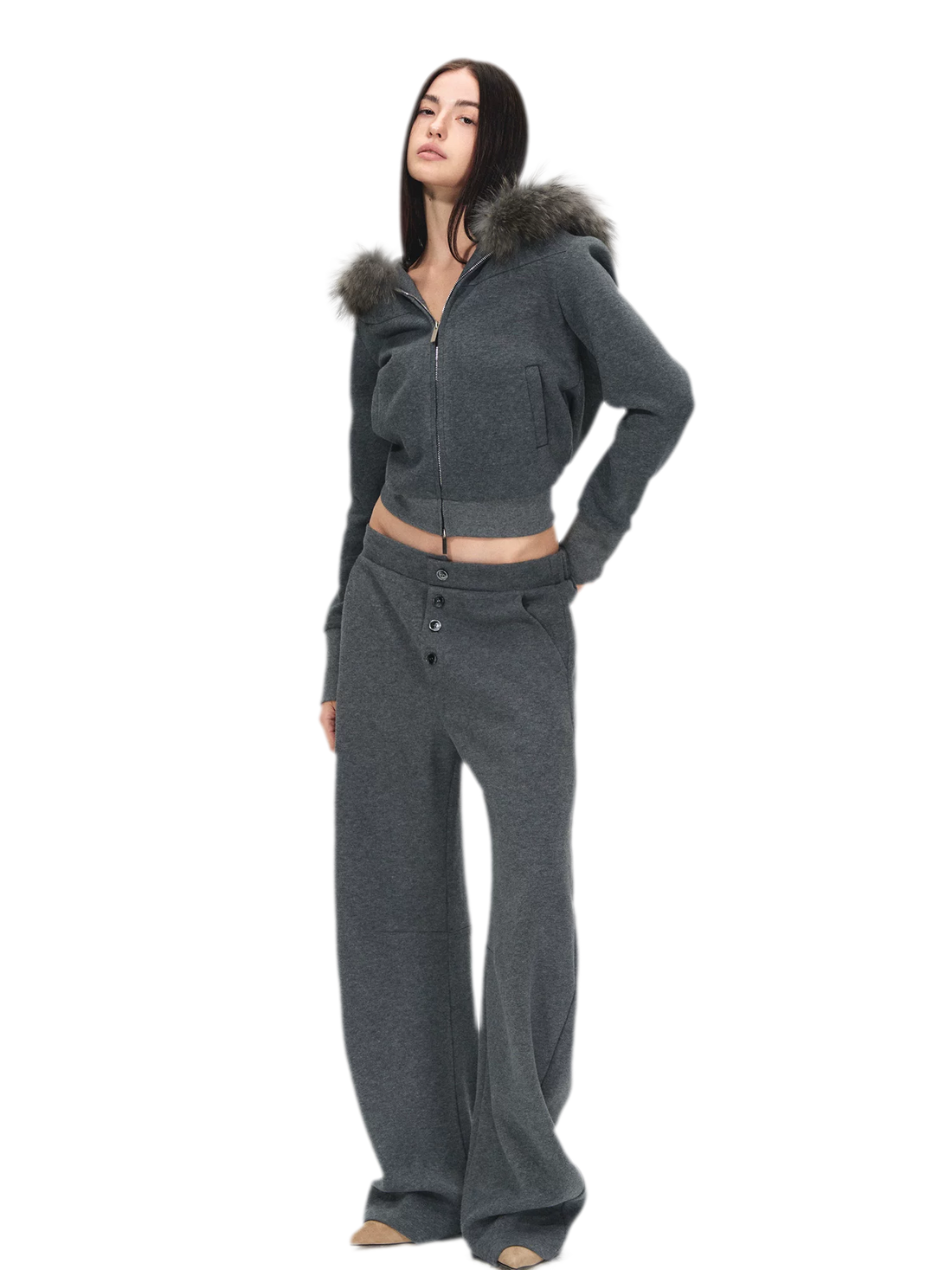 Detachable Fur Collar Fleece Hoodie &amp; Relaxed Pants