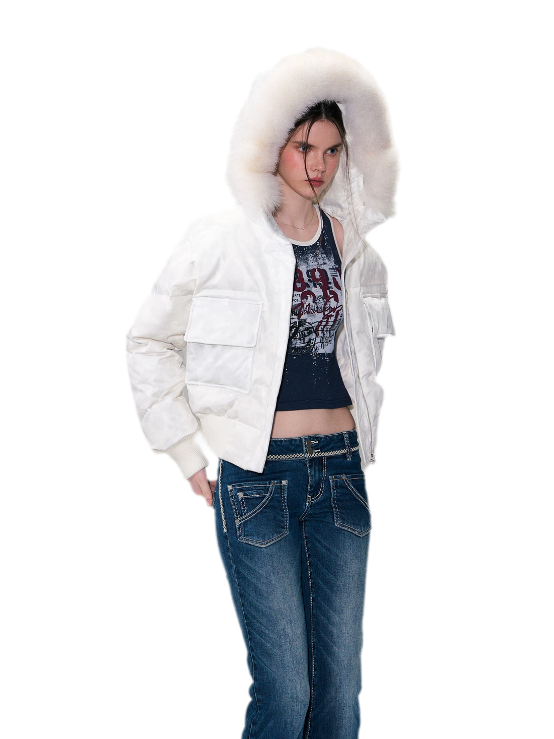 Printed Cropped Hooded Down Jacket
