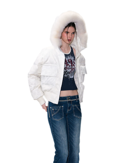 Printed Cropped Hooded Down Jacket