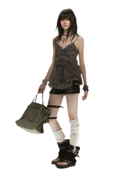 Graffiti Mesh Ruffle Camisole