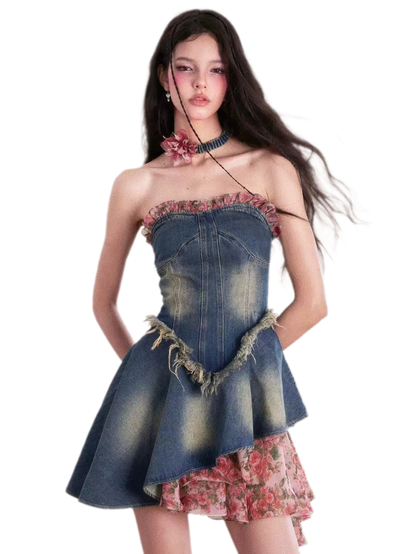 Washed Denim Rose Panel Dress