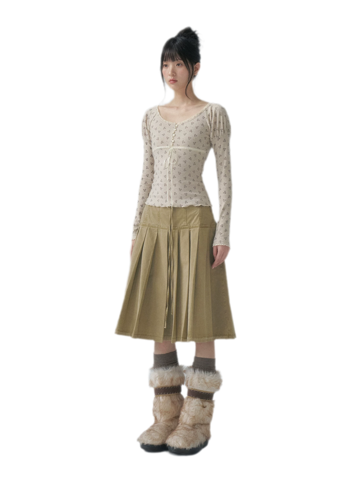 Washed Pleated A-Line Midi Skirt