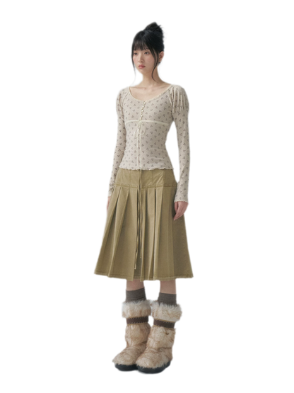 Washed Pleated A-Line Midi Skirt