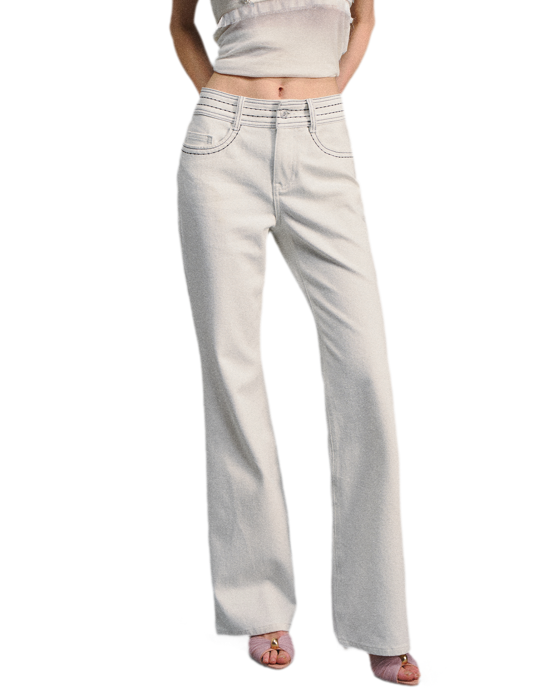 Textured White Contrast Waist Low-Rise Flared Pants