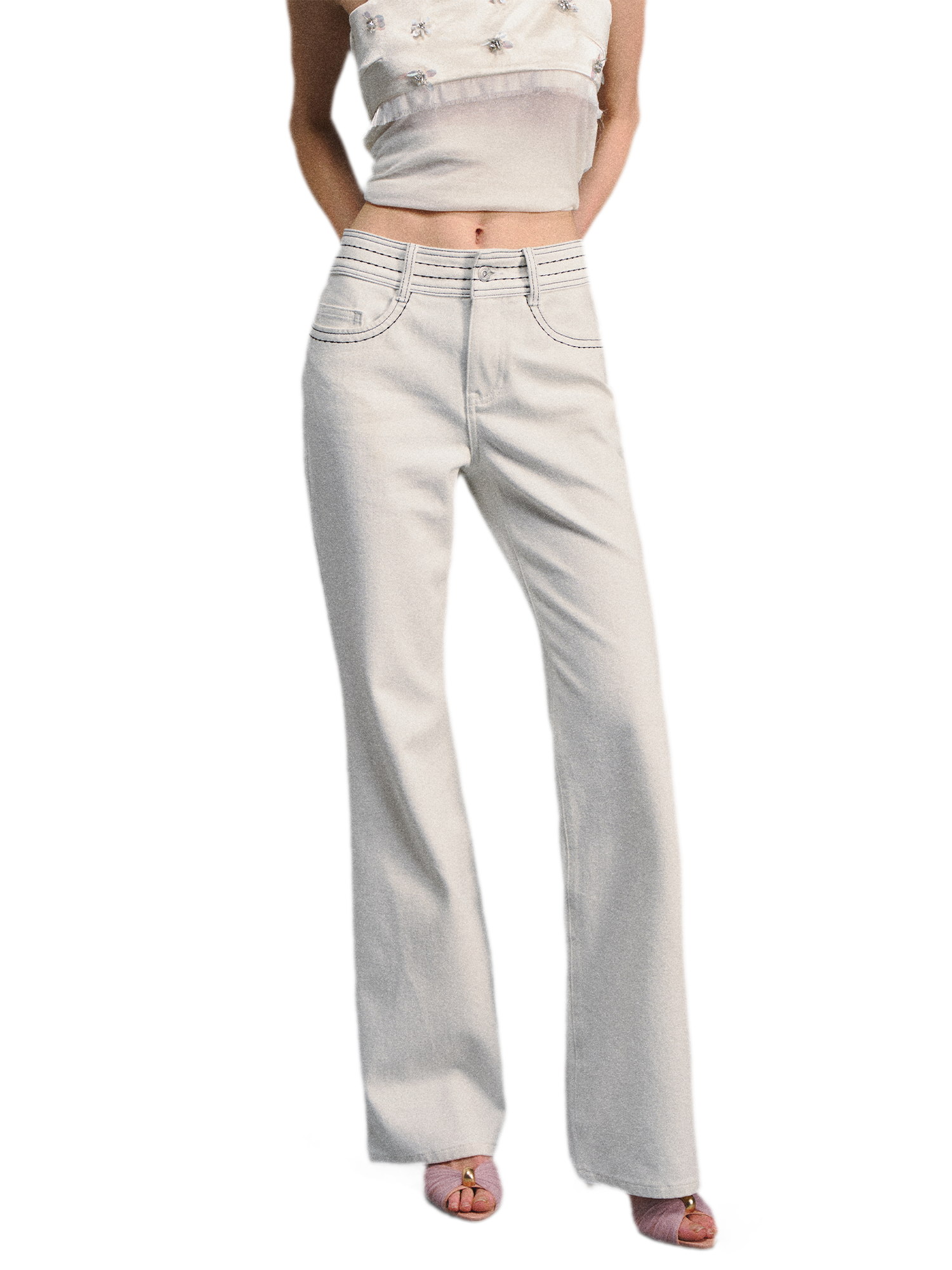 Textured White Contrast Waist Low-Rise Flared Pants