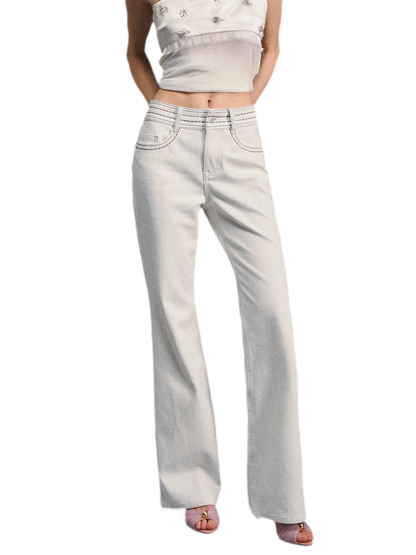 Textured White Contrast Waist Low-Rise Flared Pants