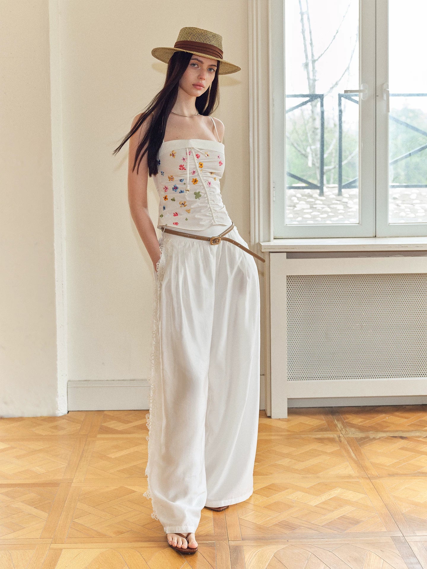 Summer Tencel Wide-Leg Pants with Lace Trim