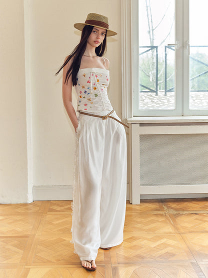 Summer Tencel Wide-Leg Pants with Lace Trim