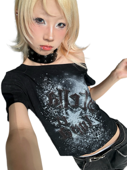Graphic Waist-Cinched Short-Sleeve Top