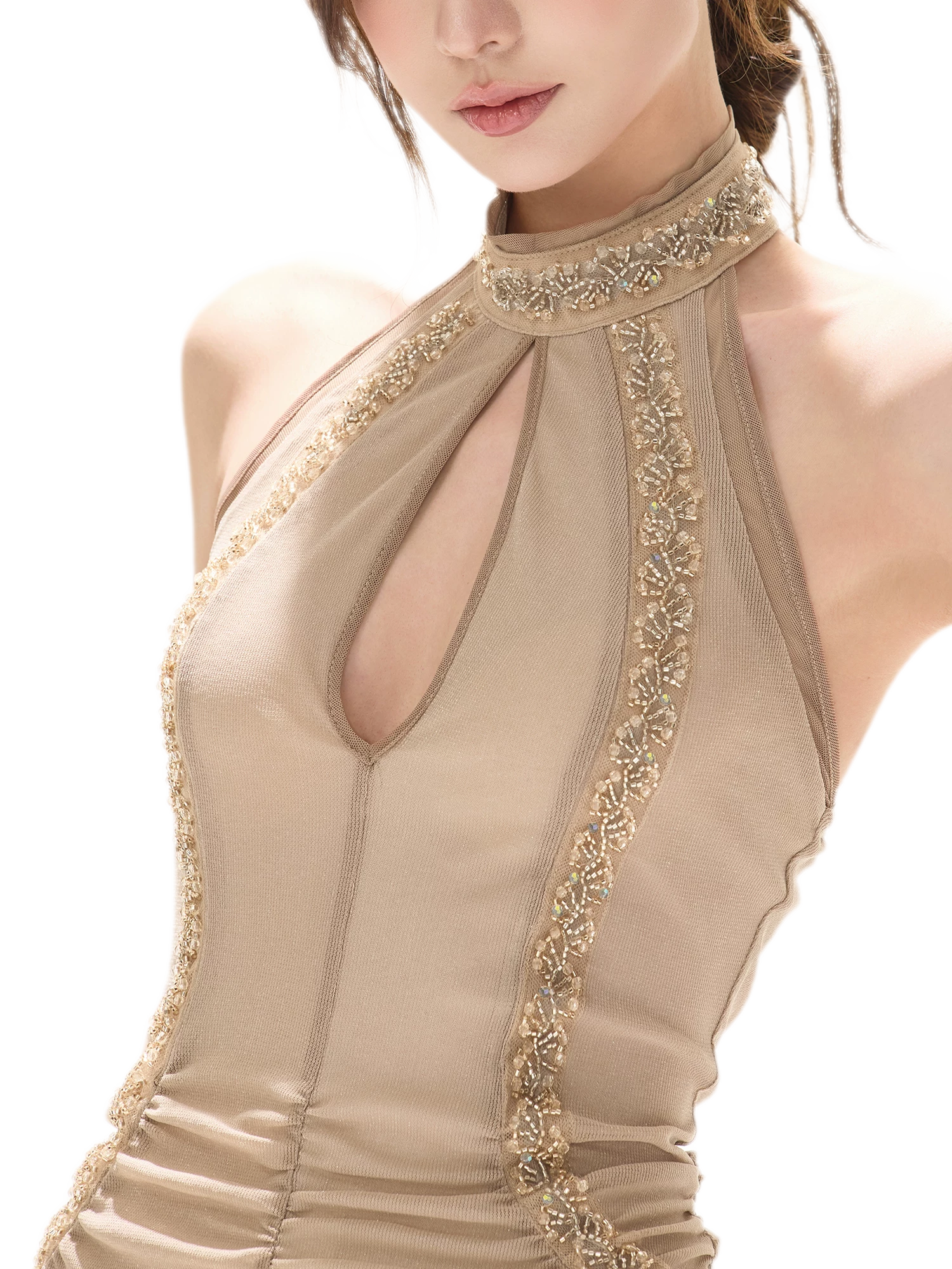 Beaded Halter Mesh Gown