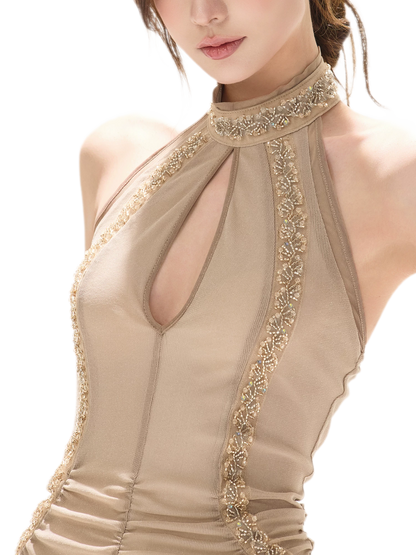 Beaded Halter Mesh Gown