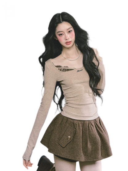Lace Panel Fitted Long-Sleeve Top