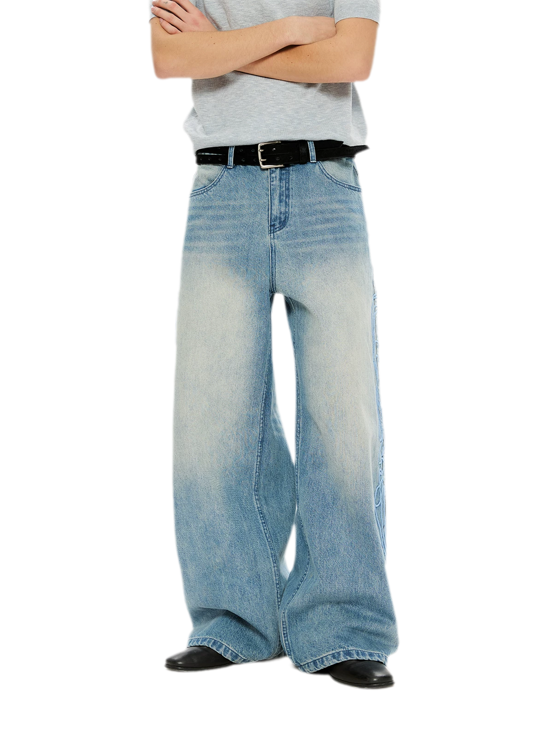 Washed Embroidered Wide-Leg Jeans