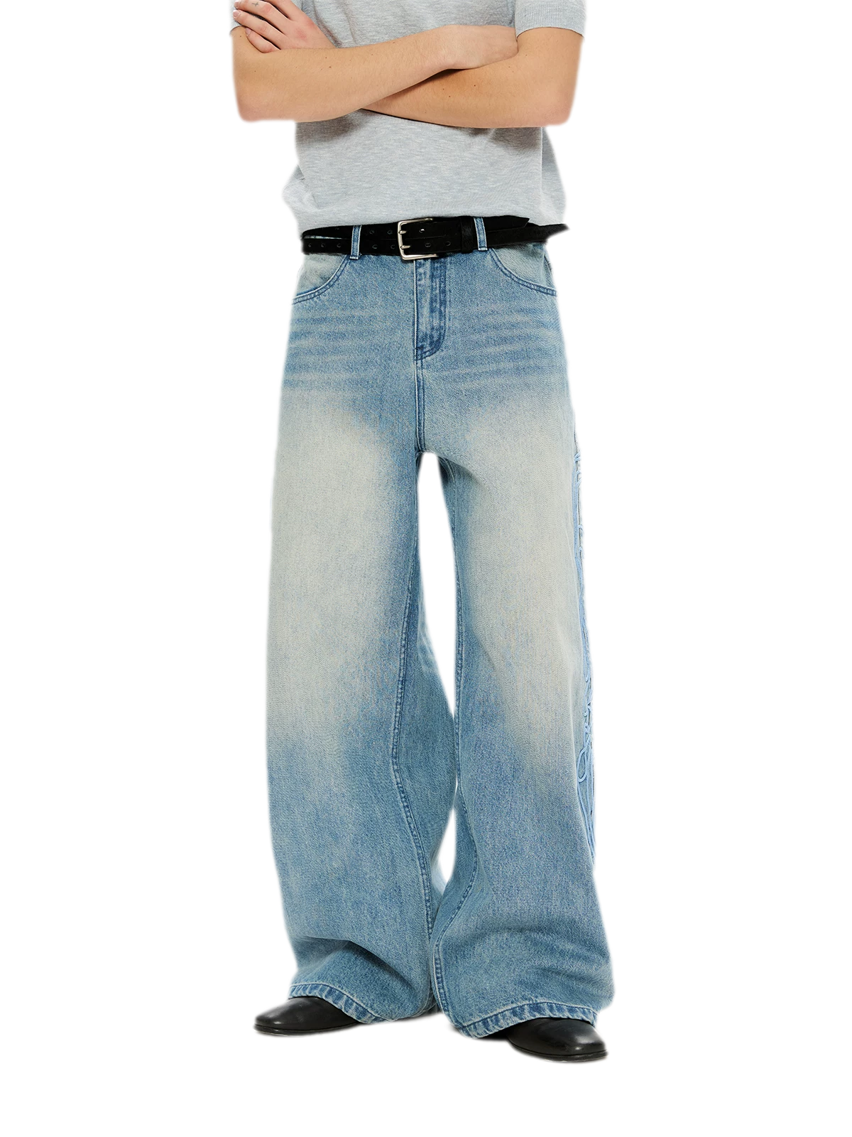 Washed Embroidered Wide-Leg Jeans