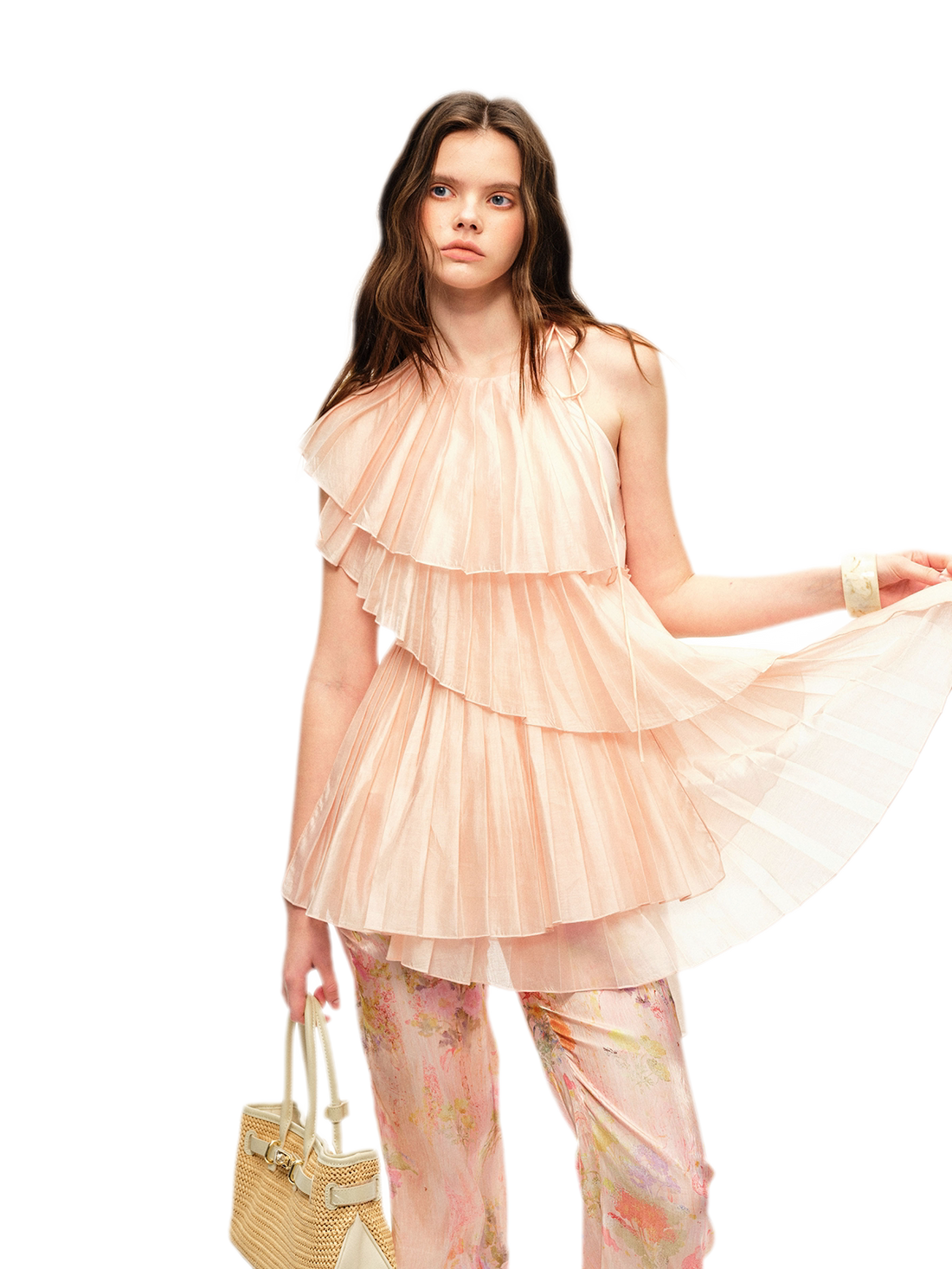Glossy Pleated Floral Pants Set
