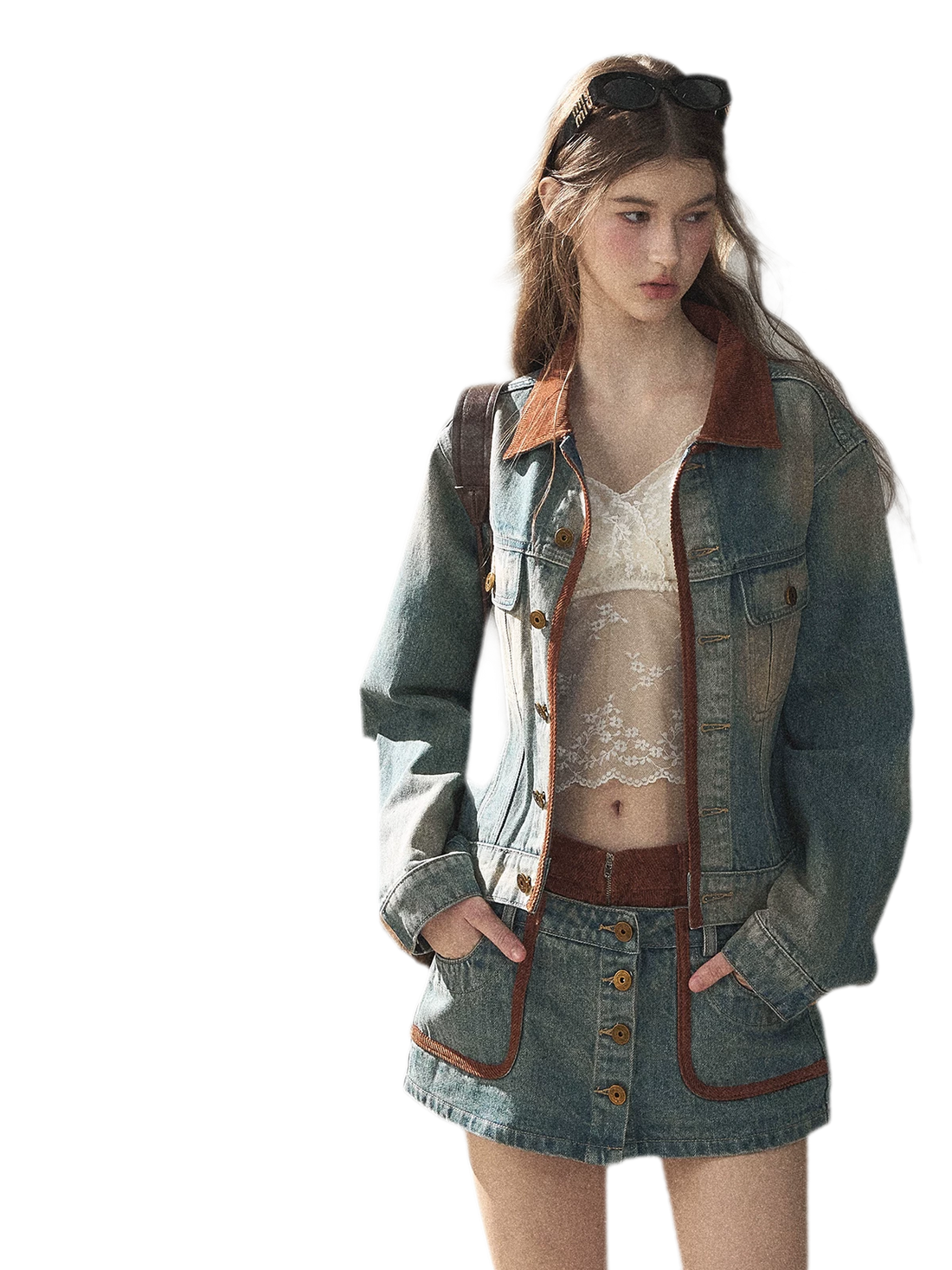 Washed Denim Jacket Skirt Set